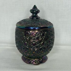 Iridescent L.E. Smith Daisy & Button Amethyst Carnival Glass Jar w/ Lid 6.5”x4”